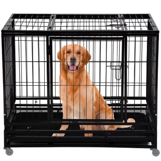 FDW 36/42/48 Inch Dog Crate Heavy Duty Dog Kennel Indoor Outdoor Metal Dog Cage with Removable Pan and Lockable Wheels Pet Playpen for Training image {9}