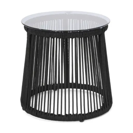 Outdoor Side Table with Tempered Glass Top,Rope Woven Accent Table for Patio or Balcony,Round Patio Side Table with Metal Frame-Coolbibila image {4}