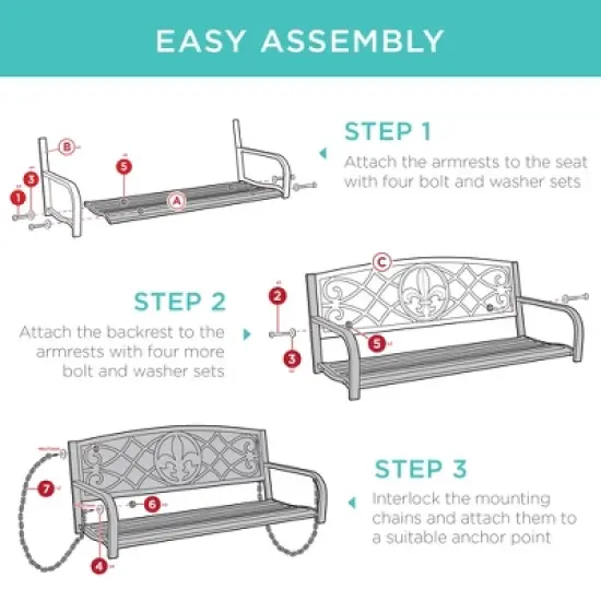 Best Choice Products 2-Person Metal Outdoor Porch Swing, Hanging Patio Bench w/ Weather-Resistant Steel image {4}