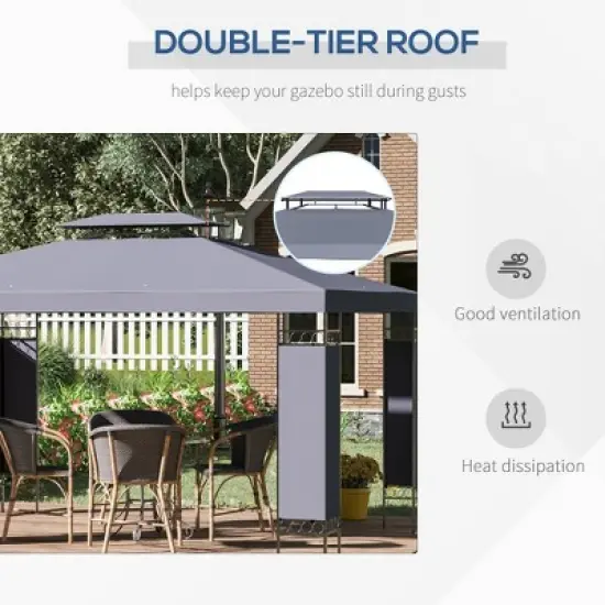DOMETOUR Outsunny 10' x 13' Patio Gazebo, Double Roof Outdoor Shelter with Screen, for Garden, Lawn, Backyard, Deck, Gray image {5}