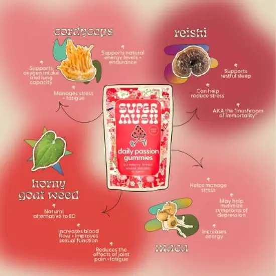 SuperMush Daily Passion Mushroom Vegan Supplement Gummies - 60ct/30 Servings image {2}
