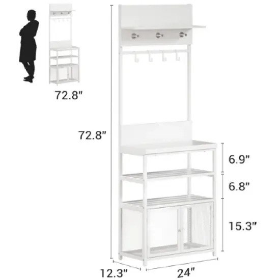 72.8" White Hall Tree with Doors, Narrow Coat Rack and Shoe Storage Organizer with 7 Hooks for Entryway, Bedroom and Mudroom image {6}