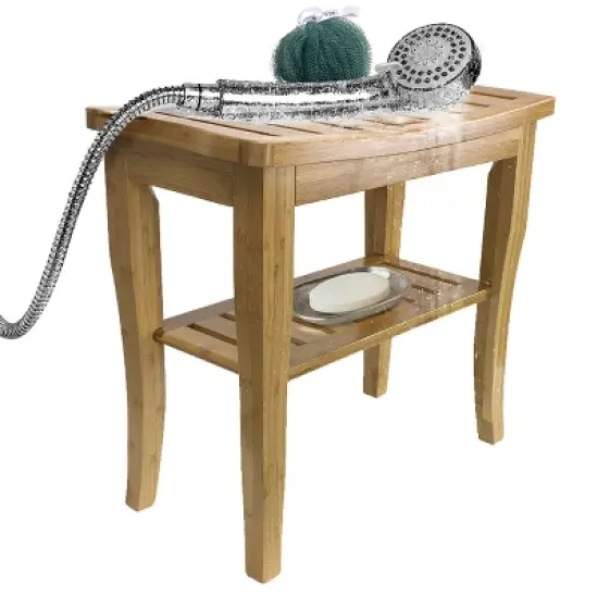 Sorbus Bamboo Shower Bench Stool with Shelf  2-Tier Wood Storage & Seating for Bathroom, Shower Bench Chair, Bath Stool, Spa Sauna Seat image {2}