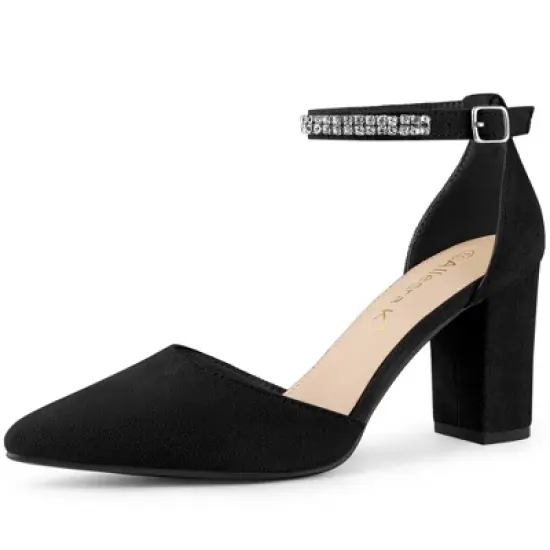 Allegra K Women's Pointed Toe Rhinestone Ankle Strap Chunky Heels Pumps image {6}