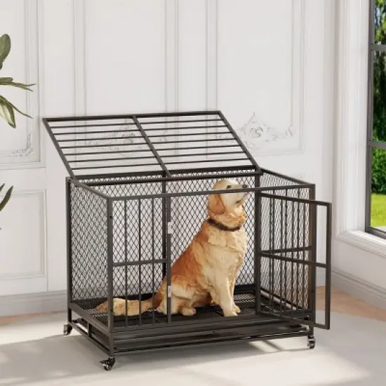 EROMMY 37" -42" Heavy Duty Dog Crate Furniture With Removable Tray, 360&deg; Lockable Wheels image {3}
