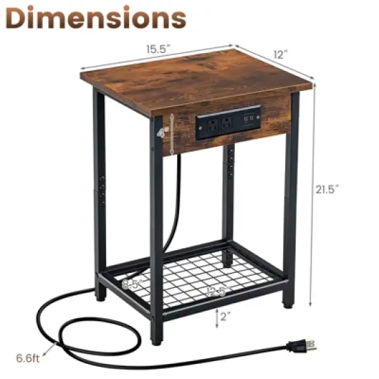 Costway Set of 2 End Tables with Charging Station Industrial Bed Side Table with AC Outlets & USB Port Rustic Brown image {3}