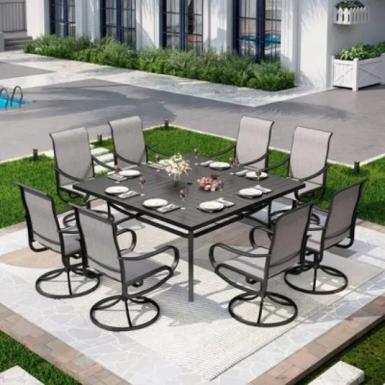 Captiva Designs 9pc Outdoor Slat-top Square Metal Dining Table and Sling Swivel Chairs image {9}