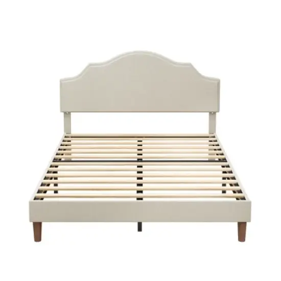 Queen/King Size Upholstered Platform Bed Frame with Adjustable Headboard, Linen Fabric Padded, No Box Spring Needed, Beige-ModernLuxe image {7}
