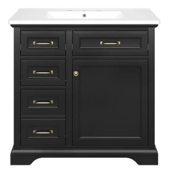 Whisen 36" Bathroom Vanity with Ceramic Sink Top, 4 Drawers & Soft-Close Door, Freestanding Cabinet with Metal Handles, 8" Faucet Holes image {6}