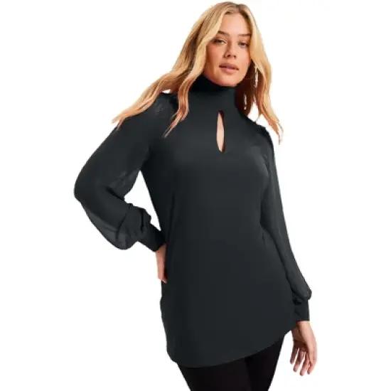 June + Vie by Roaman's Women&rsquo;s Plus Size Sheer-Sleeve Mockneck Top image {2}