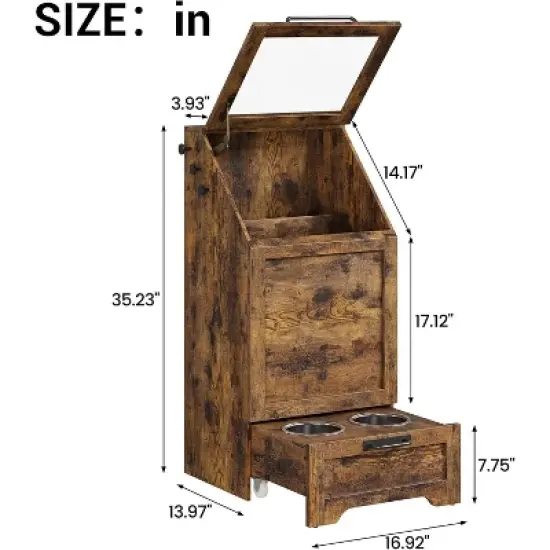 Flip Top Dog Food Storage Container, Wood Pet Storage Cabinet with 2 Pull-Out Elevated Dog Bowls image {2}