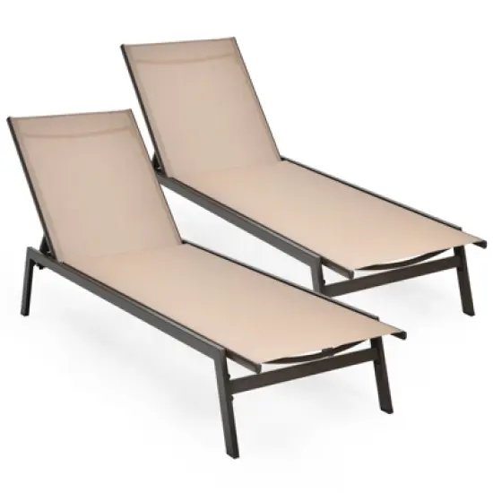Tangkula 2PC Patio Chaise Lounger with 6-Postion Adjustable Backrest and Breathable Fabric Brown image {8}