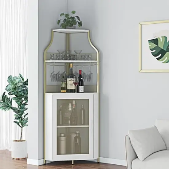 Corner Wine Cabinet with Detachable Wine Rack, 5-Tier Industrial Corner Bar Cabinet with Barn Door and Glass Holder image {11}