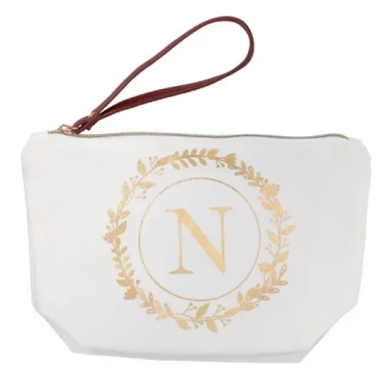 Glamlily Gold Initial N Personalized Makeup Bag for Women, Monogrammed Canvas Cosmetic Pouch (White, 10 x 3 x 6 In) image {7}