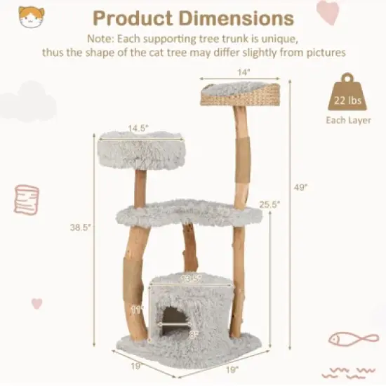 Costway 49" Multi-Layer Cat Tree Solid Wood Cat Tower w/ Jute Scratching Posts Cat Activity Center image {1}