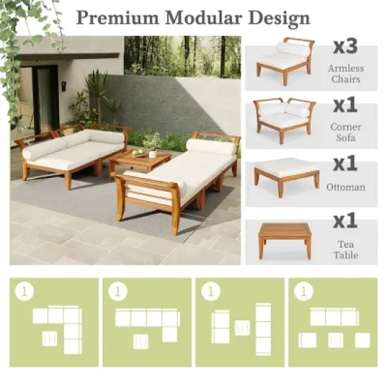 6-Piece Modular Patio Sofa Set with Cushions, Ottoman & Coffee Table, Outdoor Sectional Conversation Set for Garden or Backyard-The Pop Home image {3}