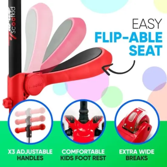 Hurtle ScootKid 3 Wheel Toddler Child Mini Ride On Toy Tricycle Scooter with Adjustable Handlebar, Foldable Seat, and LED Light Up Wheels, Red image {4}