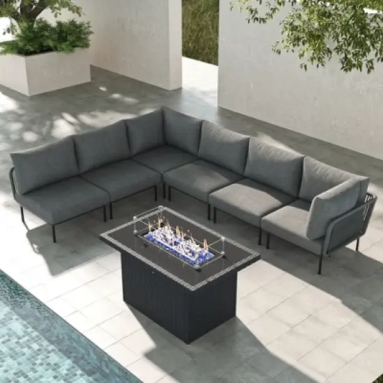 LayinSun 7 Pieces Rope Woven Patio Furniture Set, Modern Modular Sectional Sofa with Fire Pit Table and Upgrade Thickness Cushion image {1}