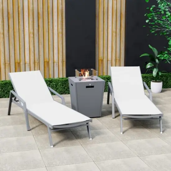 LeisureMod Marlin Patio Lounge Chairs with Arms and Fire Pit Side Table - Grey Trim, Set of 2 image {21}