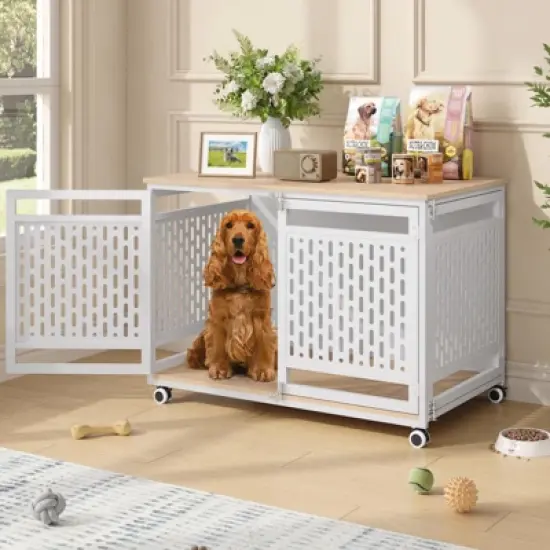 Dog Crate for Medium & Large Breed, End Table Dog Kennel, Chew-Resistant, White image {7}