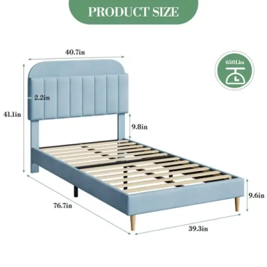 Twin Bed Frame with Bookcase Headboard, Velvet Upholstered Platform - Wooden Slat Support, Noise-Free, No Box Spring Needed, Easy Assembly image {7}
