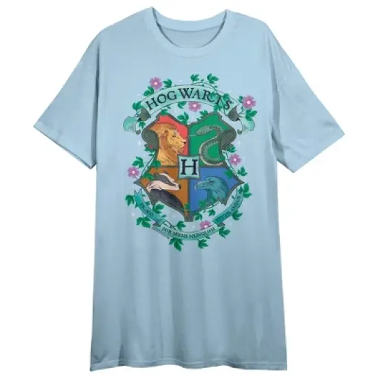 Harry Potter Hogwarts Houses With Floral Detail Women's Blue Short Sleeve Sleep Shirt image {4}