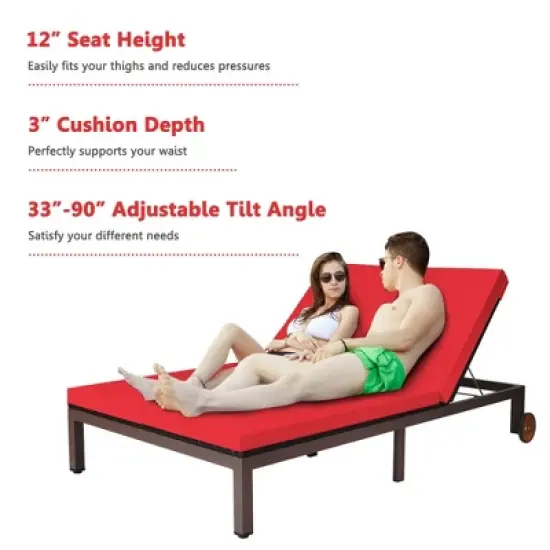 Tangkula Adjustable Patio Rattan 2 Person Recliner Lounge Chair w/ Red Cushion Wheel image {7}
