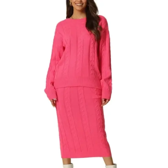 Seta T Womens' Fall Winter Casual Crewneck Sweater Two Pieces Outfit Midi Skirts with Pockets Lounge Set image {10}