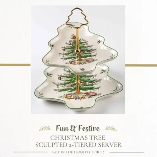 Spode Christmas Tree 2-Tiered Server, Tree-Shaped - Holiday Cupcake Stand, Dessert Display Set, Porcelain Serving Platter, 10" & 8", Dishwasher Safe image {1}