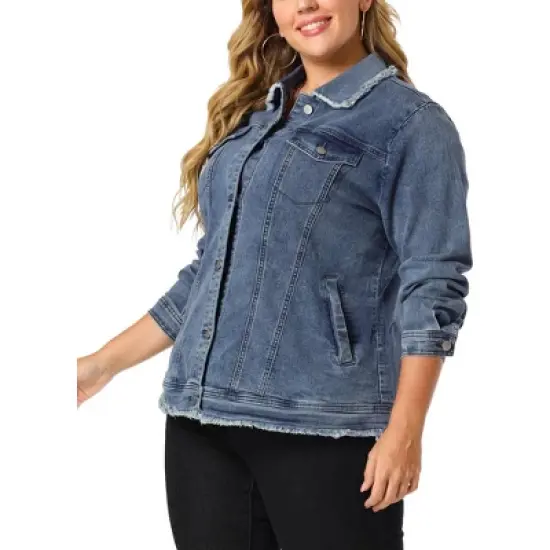 Agnes Orinda Women's Plus Size Denim Chest Pocket Frayed Washed Crop Jean Jackets image {1}