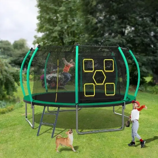 BestParts 12FT Round Trampoline with Ladder, Enclosure Net & Toss Target Game &ndash; Green Steel Frame image {6}