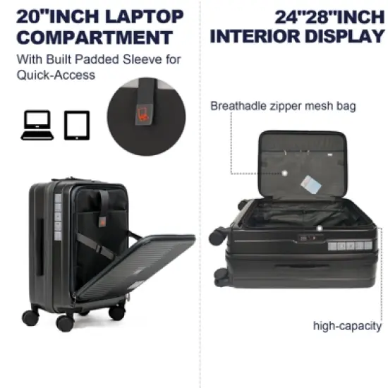 Gulches Luggage,with front opening,TSA approved lock,hardshell suitcase,Black image {1}