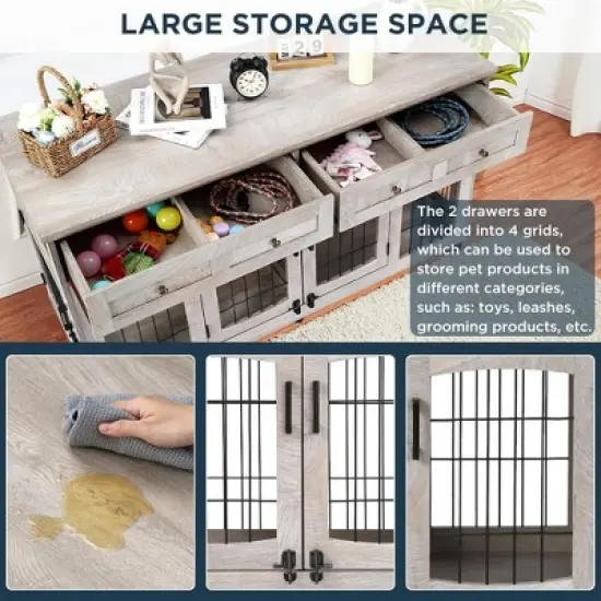 58" Wooden Dog Crate Furniture with Openable Partition, 2 Drawers, 5-Doors, 2 Rooms and TV Stand Function, Ideal for Indoor Use (Grey) image {2}