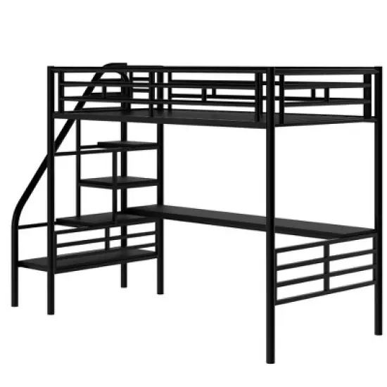 Metal Twin Size Loft Bed with Desk, Black - ModernLuxe image {5}
