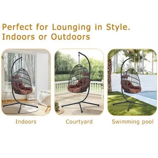 FIONECA Indoor/Outdoor Egg Swing Chair with Stand &uml;C Gray Wicker Hanging Hammock Chair with Rope Back, Cushion & Cover image {11}