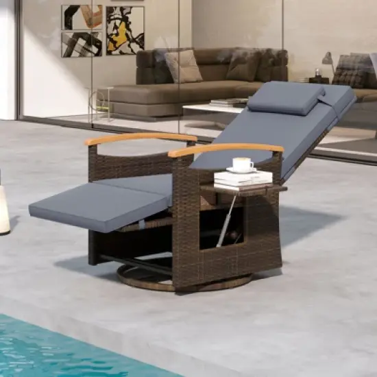 Tangkula Set Of 2 Patio Rattan 360&deg; Swivel Recliner Chair Wicker Lounge Chair w/Adjustable Backrest & Footrest Reclining Seat w/Flip Side Table image {2}