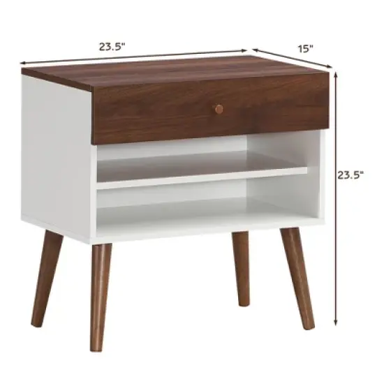Costway Nightstand End Side Table Drawer Storage Shelf Mid-Century Rubber Wood Leg image {1}