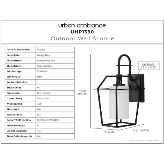 Urban Ambiance Luxury Minimalist Outdoor Wall Sconce 14.875''H x 7.5''W,  Midnight Black Finish,  Chandler Collection, UHP1390 image {2}