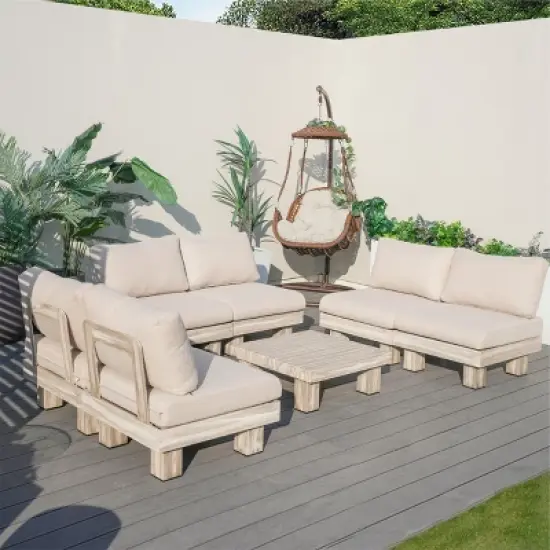 Moda Furnishings 6-Person Outdoor Patio Aluminum Wood Grain Sectional Seating Group With Beige Cushions image {1}