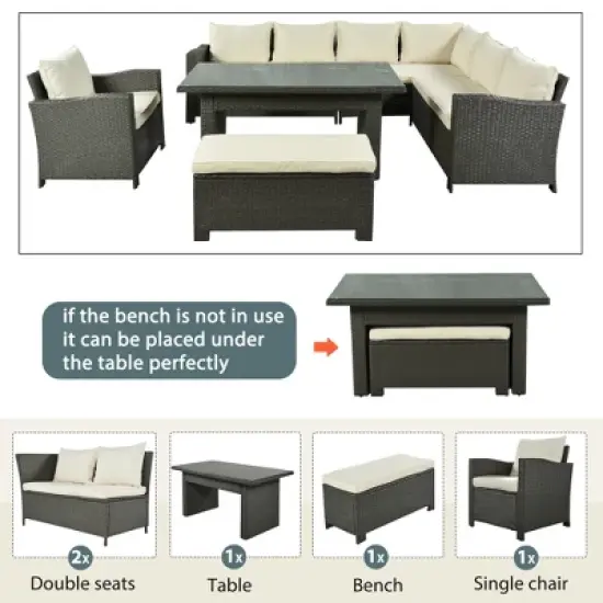 6 PCS Patio Outdoor Rattan Sectional Sofa Set, Conversation Seating Group with Cushions-ModernLuxe image {3}