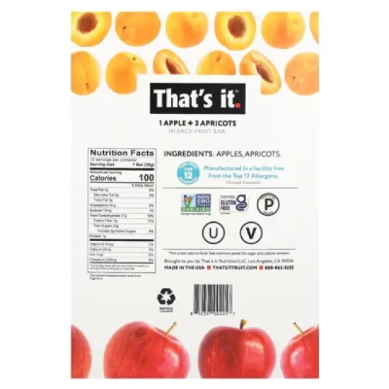 That's It Fruit Bars, Apple + Apricots, 12 Bars, 1.2 oz (35 g) Each image {1}