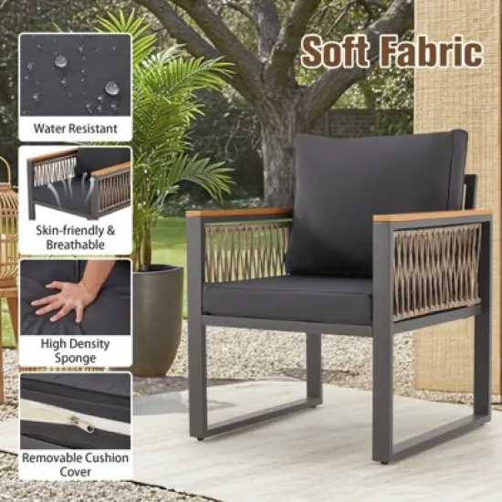 EROMMY 4pcs Modern Metal Patio Furniture Set, All-Weather Outdoor Conversation Set with Removable Washable Cushions & PE Woven Rattan image {2}