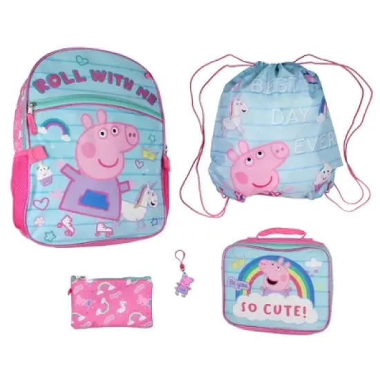 Peppa Pig Backpack Kids School Travel Backpack Set With Lunch Box, Drawstring Bag, Pencil Case, and Rubber Molded Keychain Multicoloured image {6}
