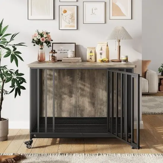 Acekool 39'' Heavy Duty Dog Crate Furniture with Wheels, Removable Tray, Wooden Pet Kennel & Decorative End Table for Small to Large Dogs image {3}