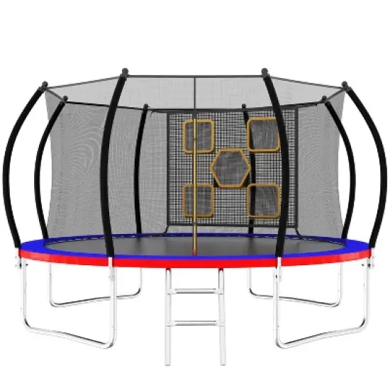 14FT Round Trampoline with Ladder, Enclosure Net & Toss Target Game &ndash; Red Steel Frame Belatt image {8}