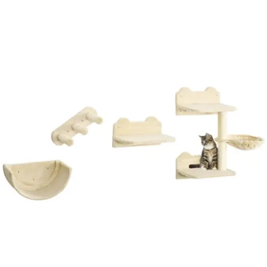 PawHut 4Pcs Cat Wall Shelves, Cat Wall Furniture with Hammock, Scratching Post, 3 Steps, Jumping Platforms for Activity Indoor Cat image {7}