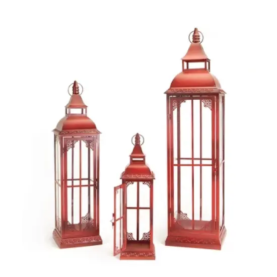 HomeRoots Set of Three Red Distressed Ornate Glass And Metal Floor Lantern Candle Holders image {5}