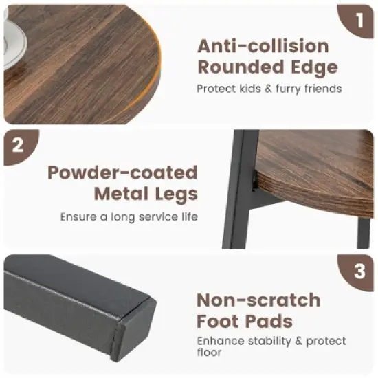 Costway 2PCS 2-Tier Bedside End Table Round Nightstand for Bedroom Living Room Brown/Walnut image {7}