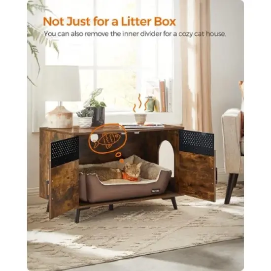 Feandrea Litter Box Enclosure, Cat Litter Box Furniture Hidden, with Removable Divider, High Legs, Cat House Rustic Brown image {7}
