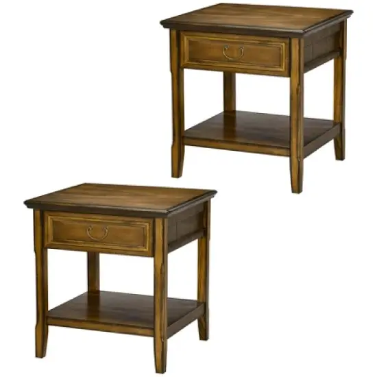 HOMCOM Vintage Side Table for Living Room or Bedroom Storage End Table with Antique Handle Drawer & Shelf, Wooden Side Table, Set of 2, Dark Coffee image {3}